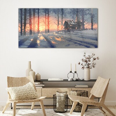 Winter morning in the forest Wall art on glass