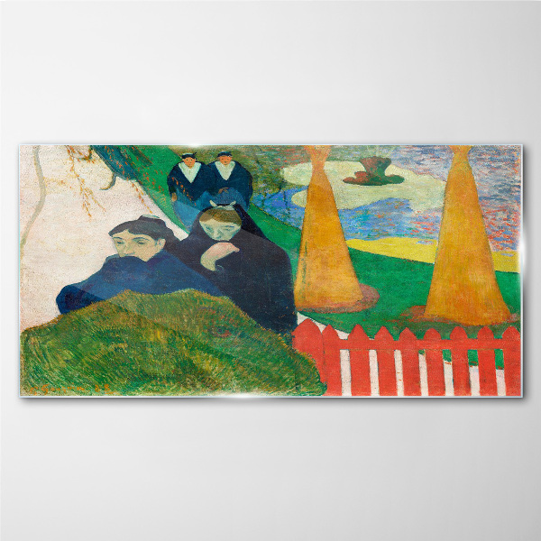 Green landscape with figures Glass art print