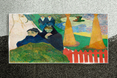 Green landscape with figures Glass art print