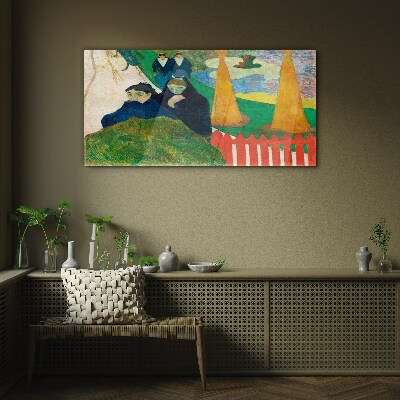 Green landscape with figures Glass art print
