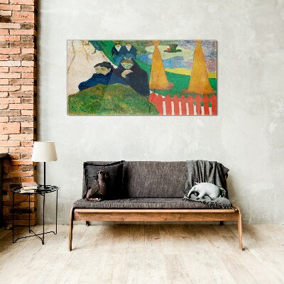 Green landscape with figures Glass art print