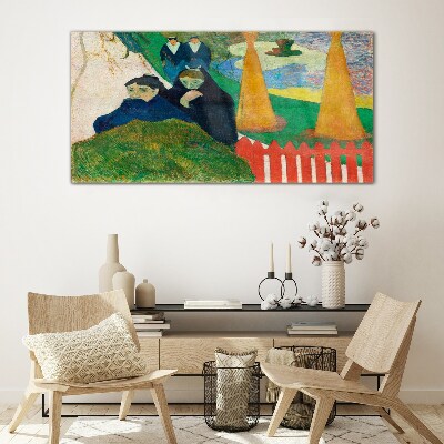 Green landscape with figures Glass art print