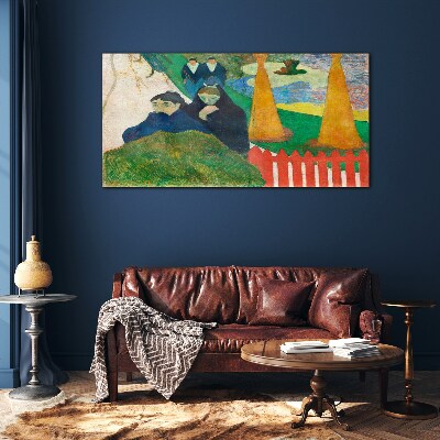 Green landscape with figures Glass art print