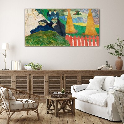 Green landscape with figures Glass art print