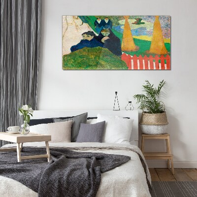 Green landscape with figures Glass art print