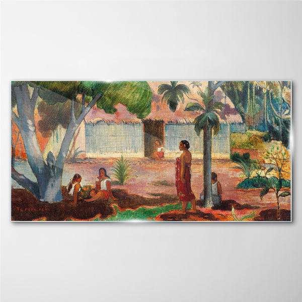 Tropical landscape with figures Glass art print