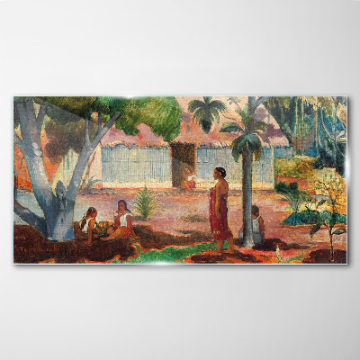 Tropical landscape with figures Glass art print