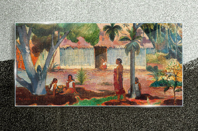 Tropical landscape with figures Glass art print
