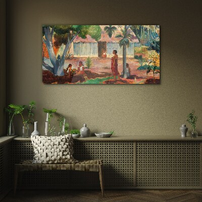 Tropical landscape with figures Glass art print