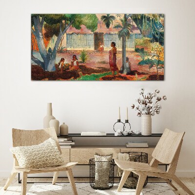 Tropical landscape with figures Glass art print