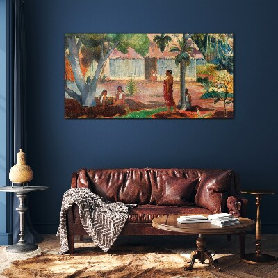 Tropical landscape with figures Glass art print