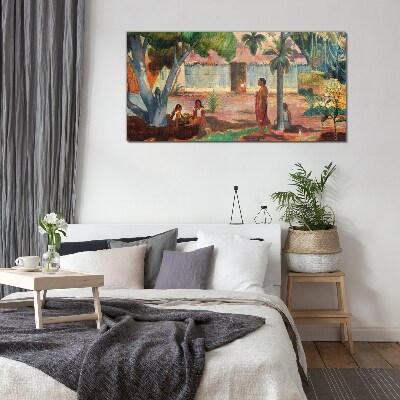 Tropical landscape with figures Glass art print