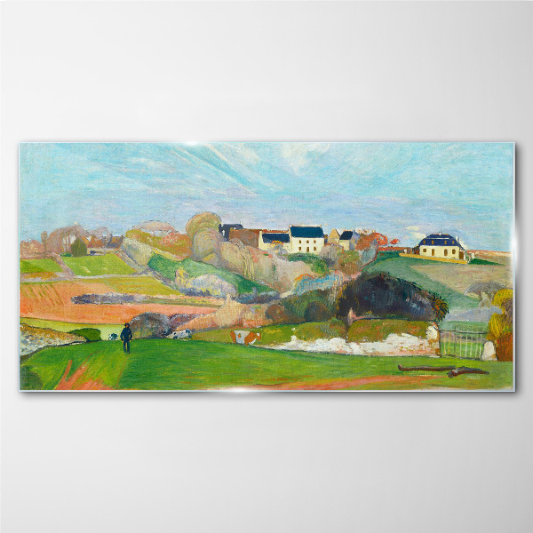 Landscape with houses and a person Wall art on glass