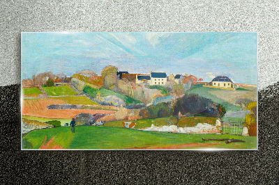 Landscape with houses and a person Wall art on glass