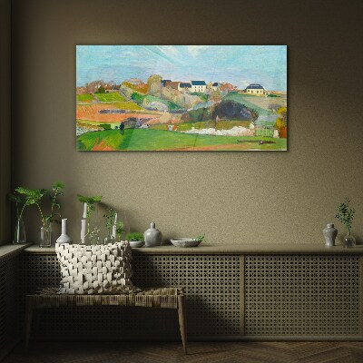 Landscape with houses and a person Wall art on glass