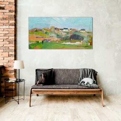 Landscape with houses and a person Wall art on glass