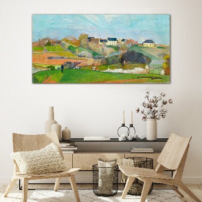 Landscape with houses and a person Wall art on glass