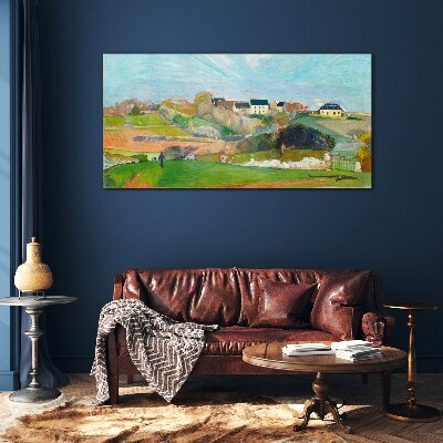 Landscape with houses and a person Wall art on glass