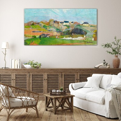 Landscape with houses and a person Wall art on glass