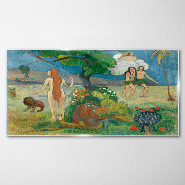 Paradise landscape with characters Glass art print