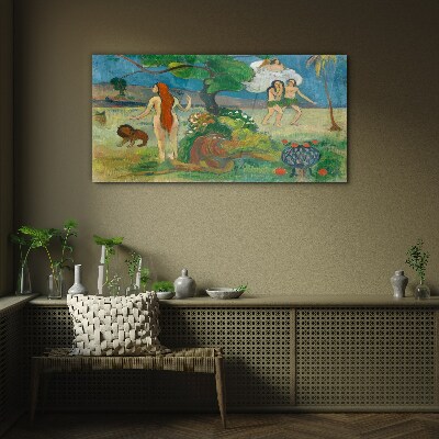 Paradise landscape with characters Glass art print
