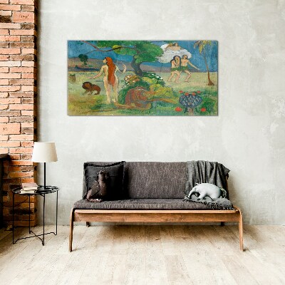 Paradise landscape with characters Glass art print