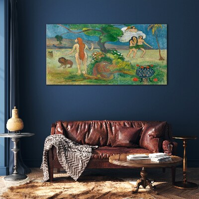 Paradise landscape with characters Glass art print