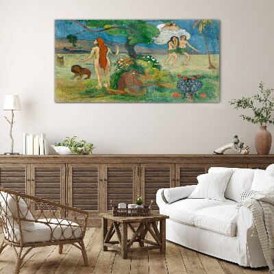 Paradise landscape with characters Glass art print