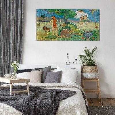 Paradise landscape with characters Glass art print