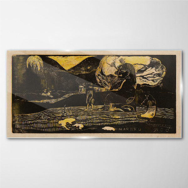 Golden landscapes and mysterious figures Wall art on glass