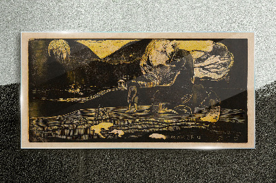 Golden landscapes and mysterious figures Wall art on glass