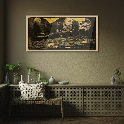 Golden landscapes and mysterious figures Wall art on glass