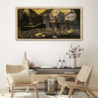 Golden landscapes and mysterious figures Wall art on glass
