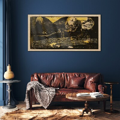Golden landscapes and mysterious figures Wall art on glass