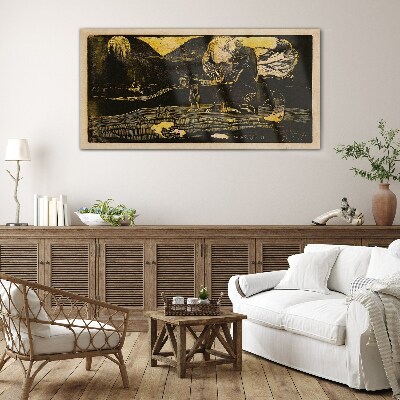 Golden landscapes and mysterious figures Wall art on glass