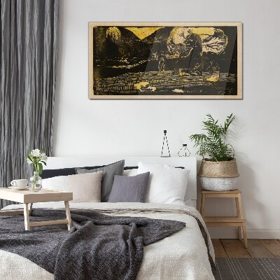 Golden landscapes and mysterious figures Wall art on glass
