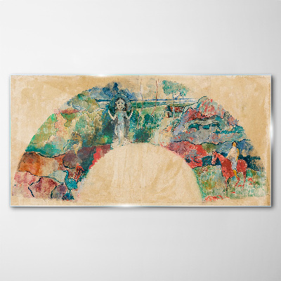 Colorful scene with a figure in a landscape Glass art print