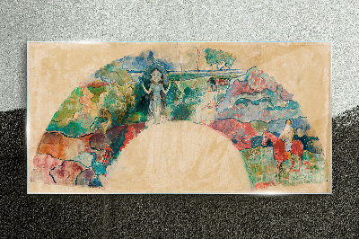 Colorful scene with a figure in a landscape Glass art print