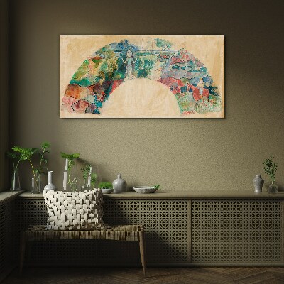 Colorful scene with a figure in a landscape Glass art print