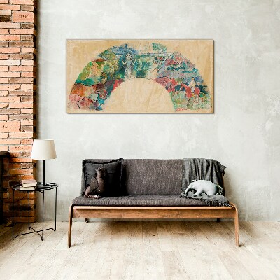 Colorful scene with a figure in a landscape Glass art print