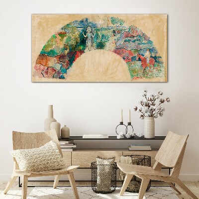 Colorful scene with a figure in a landscape Glass art print