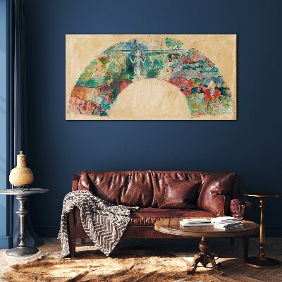Colorful scene with a figure in a landscape Glass art print
