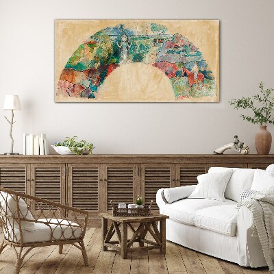 Colorful scene with a figure in a landscape Glass art print