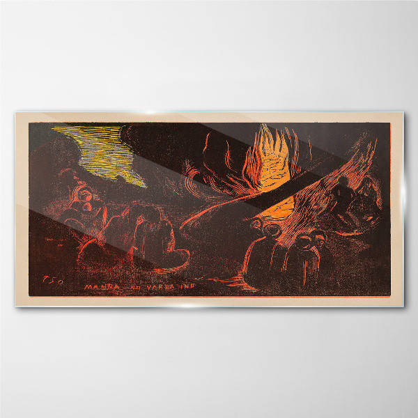 Gathering around the campfire Wall art on glass