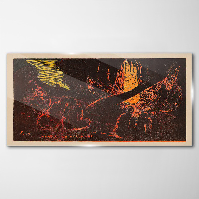 Gathering around the campfire Wall art on glass