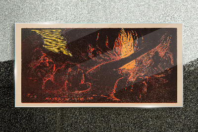 Gathering around the campfire Wall art on glass