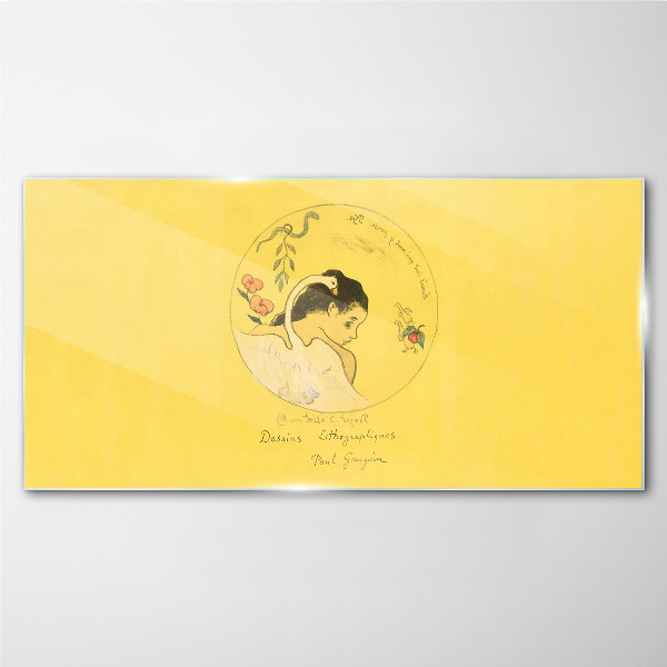 Portrait of a woman in a yellow background Glass art print
