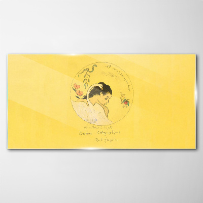 Portrait of a woman in a yellow background Glass art print