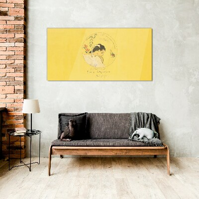Portrait of a woman in a yellow background Glass art print