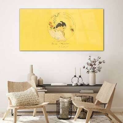 Portrait of a woman in a yellow background Glass art print